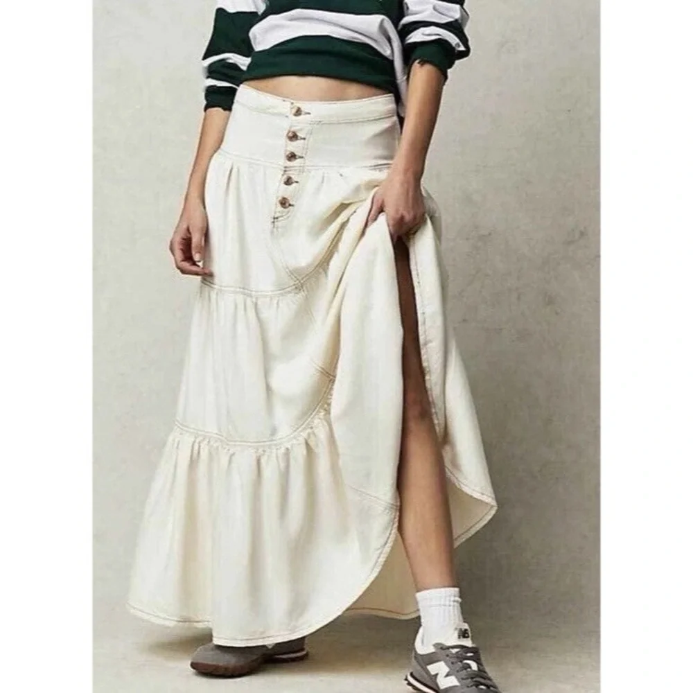 We The Free Dreamweaver Button-Front Cream Denim Maxi Skirt L - Picture 1 of 9